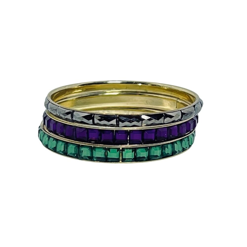 Vintage Lot Of 3 Gold Tone Bangle Bracelets - Green, Purple And Gray (6209) - Picture 4 of 5